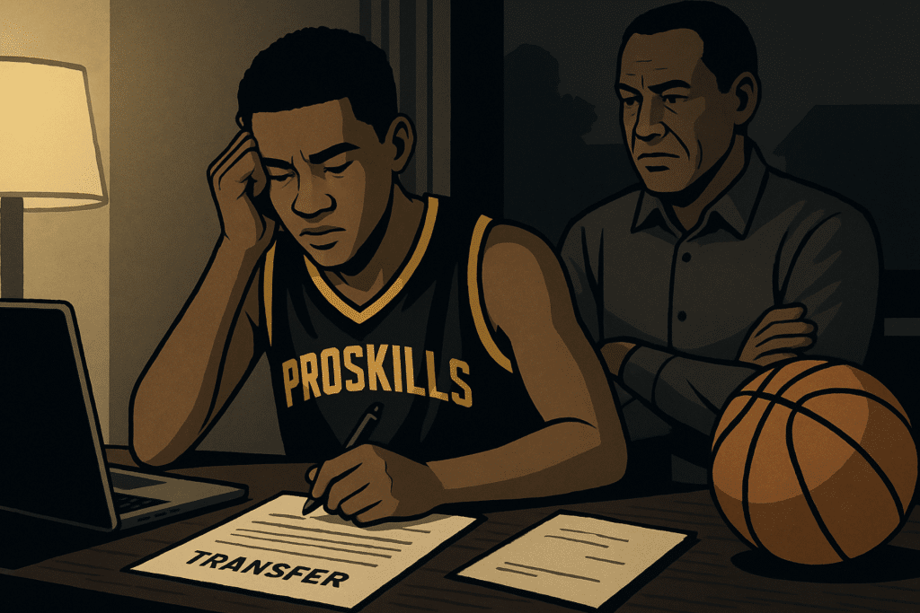 High school basketball player considering transfer schools with parent nearby